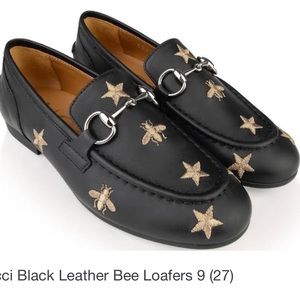 Gucci Black Leather Bee Loafers